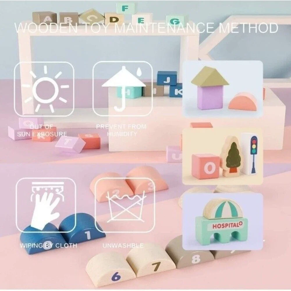 Wooden Building Blocks Set City Construction Stacking Preschool Montessori Learn